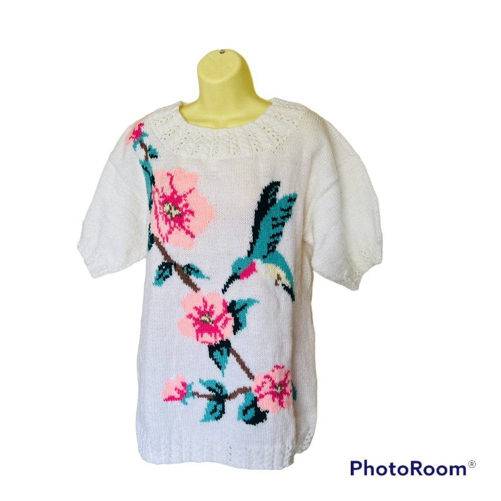 Hand knit White Floral chunky Crew Neck Women's Sweater Size Large